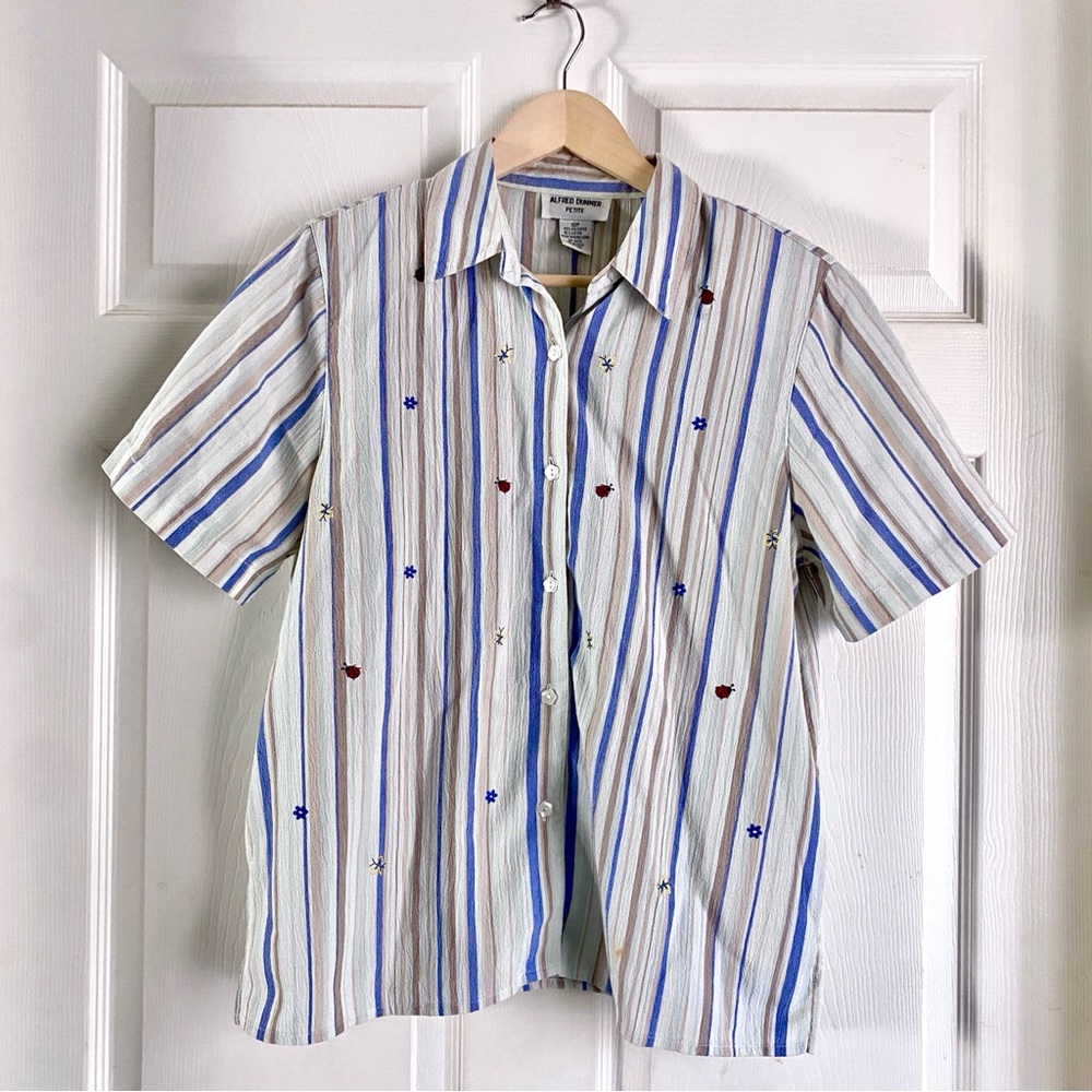 vintage ‘ ALFRED DUNNER : petite ’ Neutral Striped Spring Button Up Top size 10p